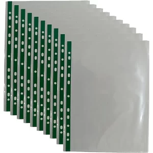 Punched Pockets A4 50 micron , Glass Clear, Green Strip (100 Pack)